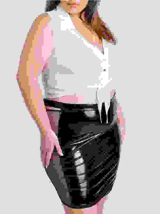 Lovehoney Fantasy Plus Size Risky Business Top and Wetlook Skirt Set, Black, hi-res